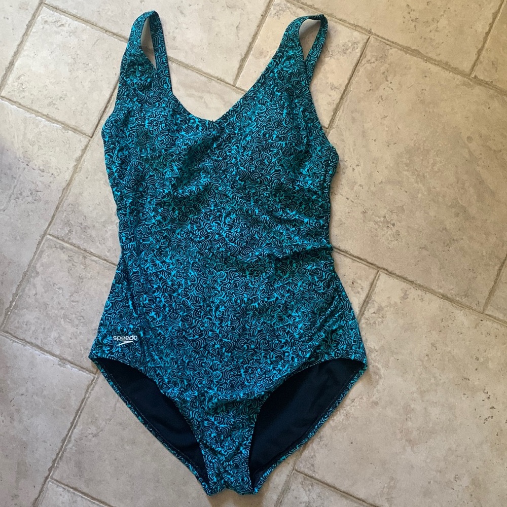 Speedo Swimsuit Size 10 Lined One Piece Contemporary Black/Turquoise